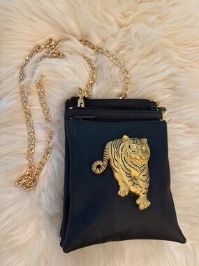 Black Crossbody Bag with Gold Tiger Accent